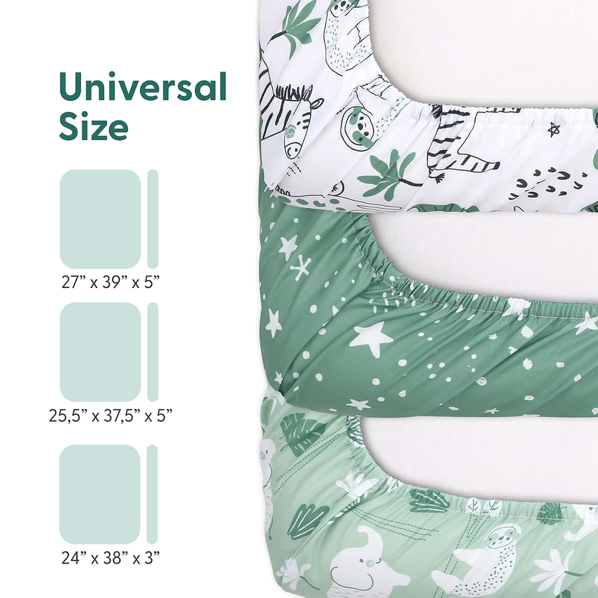 The Peanutshell 3-Pack Fitted Playard Sheets, Green Safari Mini Crib Sheets for Standard Playard Mattresses