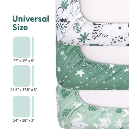 The Peanutshell 3-Pack Fitted Playard Sheets, Green Safari Mini Crib Sheets for Standard Playard Mattresses