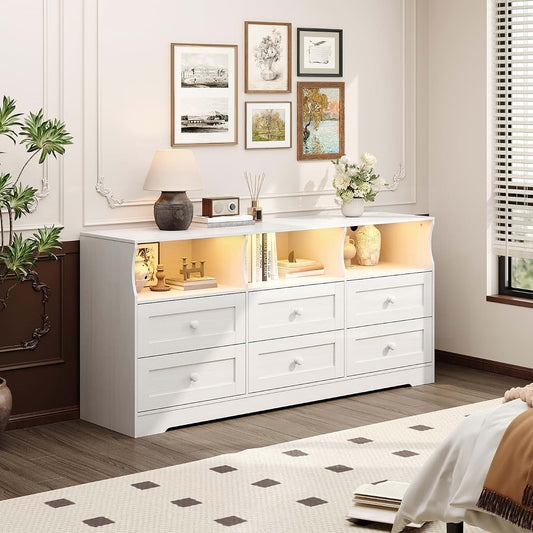 SunnyFurn 63" 6-Drawer Dresser With LED Lights And Power Outlet In White
