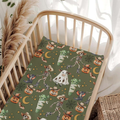 BabyOneStop Halloween Western Cowboys Skeleton Pumpkin Fitted Crib Sheet 28x52
