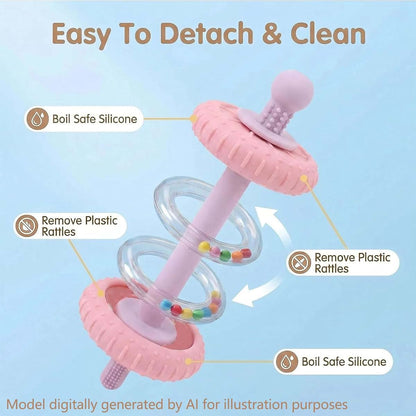 Multi-Functional Silicone Teether Toy for Babies - Rattle, Straw, and Toothbrush Head