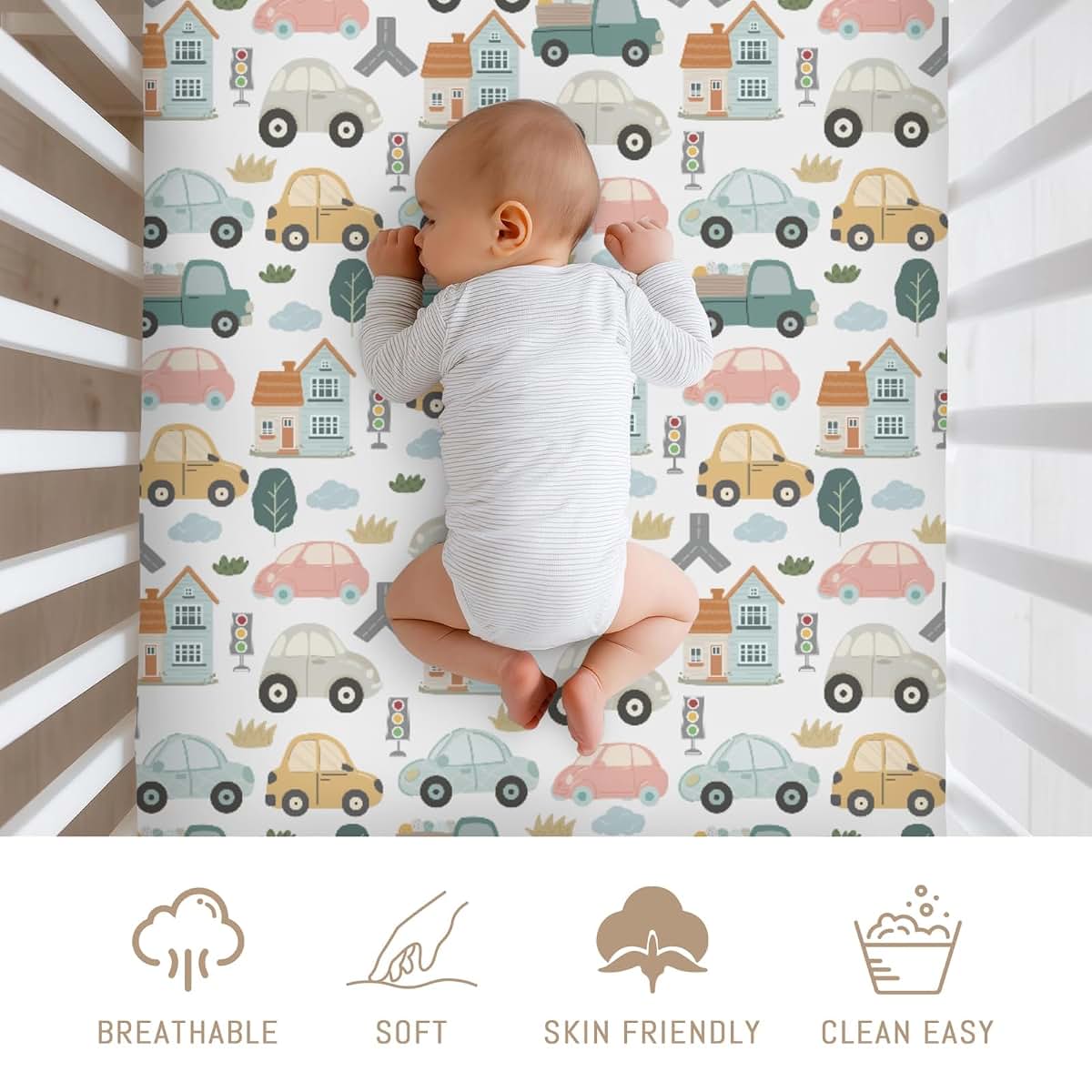 Selgkds Colorful Car Transport Baby Crib Sheets for Boys Car Truck Road House Trees Soft Snug Fitted Crib Mattress