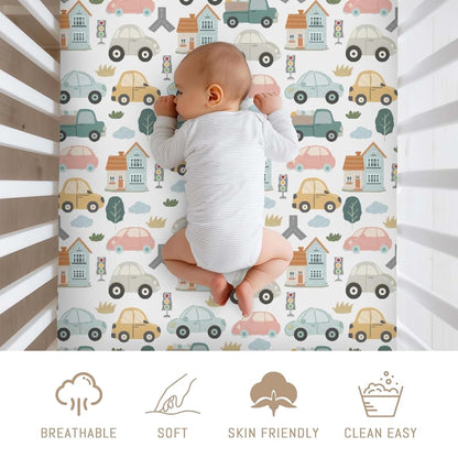 Selgkds Colorful Car Transport Baby Crib Sheets for Boys Car Truck Road House Trees Soft Snug Fitted Crib Mattress