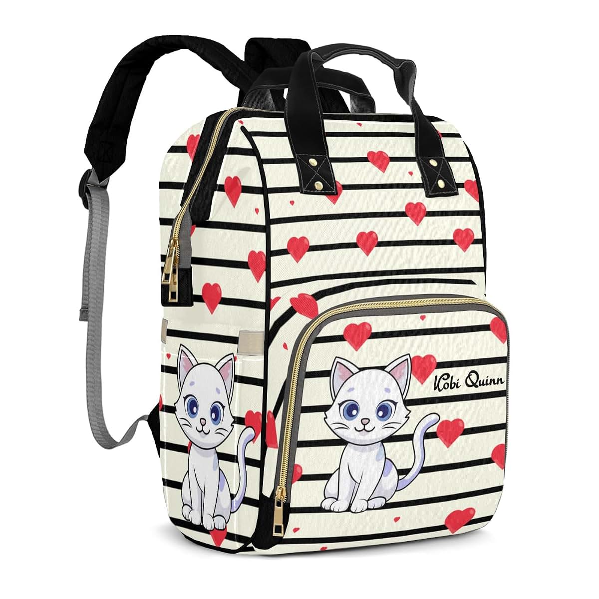 YallLocoMo Personalized Diaper Bag Backpack Gift Cat Stripe Heart Convenient and Durable: Waterproof Multi-Compartment (photo 2)