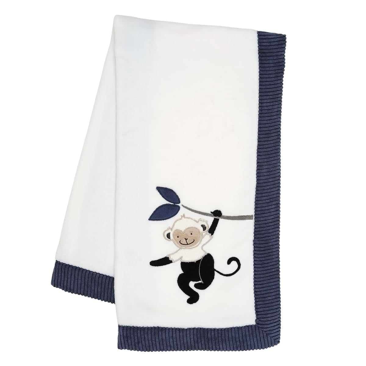 Fleece Baby Blanket - White/Navy Monkey Design for Cuddling
