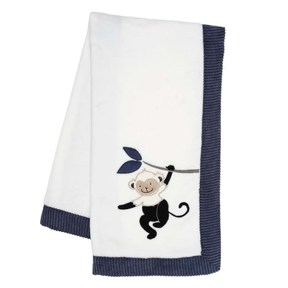 Fleece Baby Blanket - White/Navy Monkey Design for Cuddling