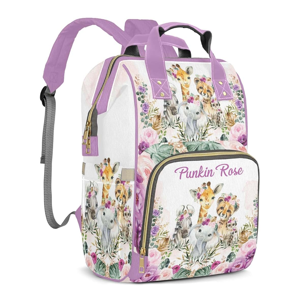 LiSoAkWE Flower Safari Animals Tiger Elephant Personalized Diaper Bag Backpack with Name,Customized Nappy Backpack for (photo 2)
