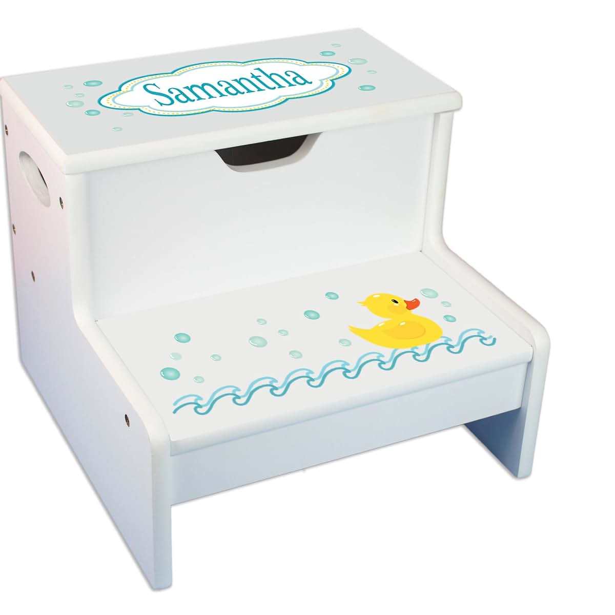 My Bambino Personalized Kids Step Stool | Rubber Ducky White Childrens Step Stool with Storage | Custom Name Toddler