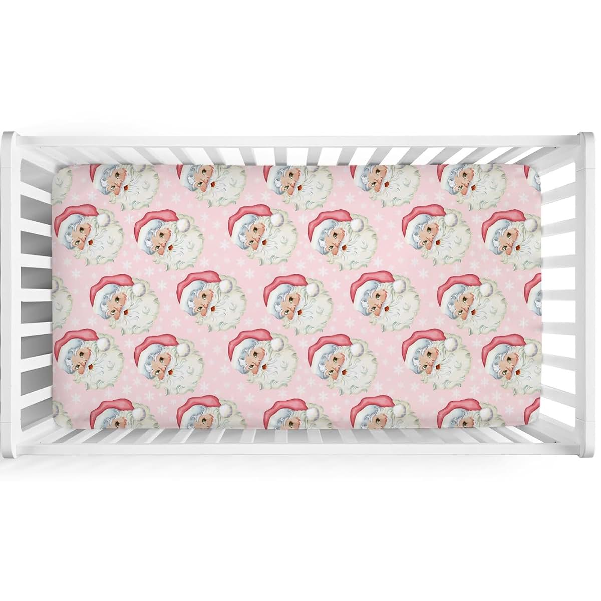 Merry Christmas Santa Claus Baby Crib Sheet 28x52 Stretchy Fitted Pink Snowflakes