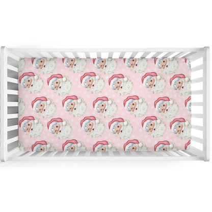 Merry Christmas Santa Claus Baby Crib Sheet 28x52 Stretchy Fitted Pink Snowflakes