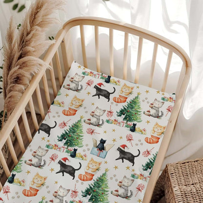 Wicbfdfv Christmas Cat and Pine Trees Polyester Baby Crib Sheet