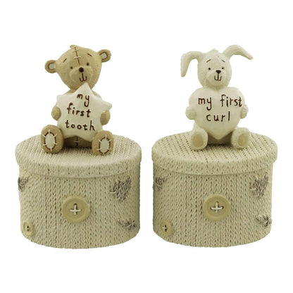 Button Corner Resin First Tooth and First Curl Set Christening Rabbit & Teddy Trinket Boxes CG752