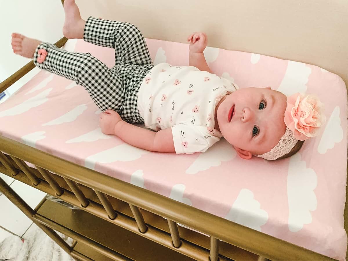 BaeBae Goods Premium Baby Changing Pad Covers 4 Pack – Girl – Pure Cotton Machine Washable Pink and White Changing