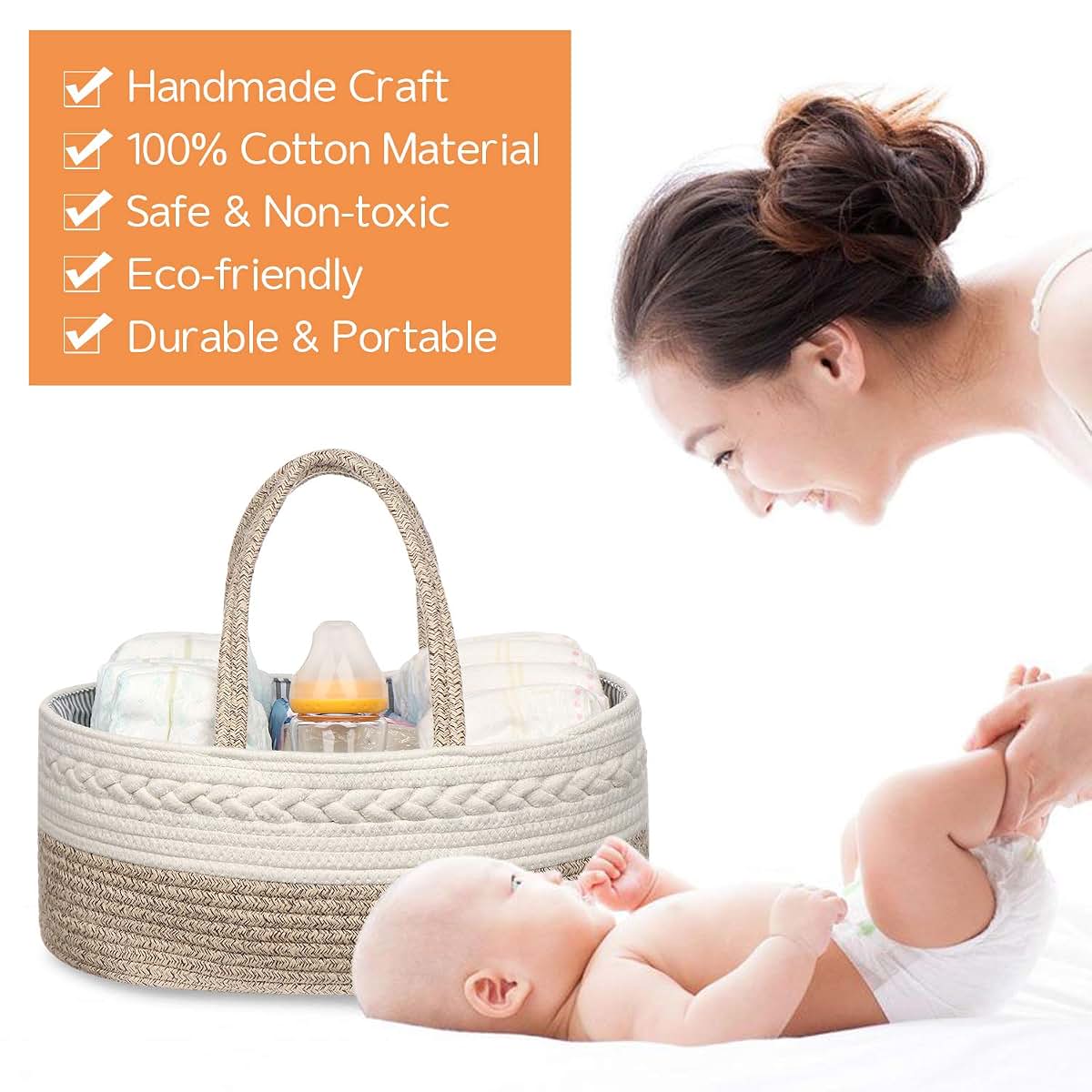 maxgoods Baby Diaper Caddy Organizer with Removable Dividers, Cotton Rope Storage Basket