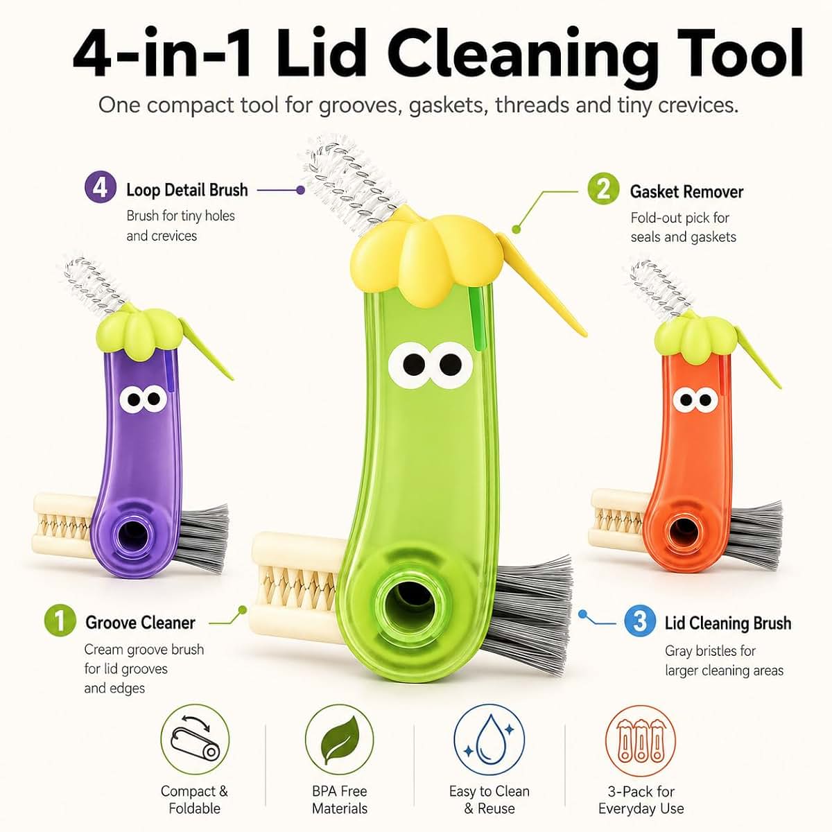 Zawow 3-Pack 4-in-1 Cup Lid Cleaning Tool for Bottles and Tumblers (photo 2)