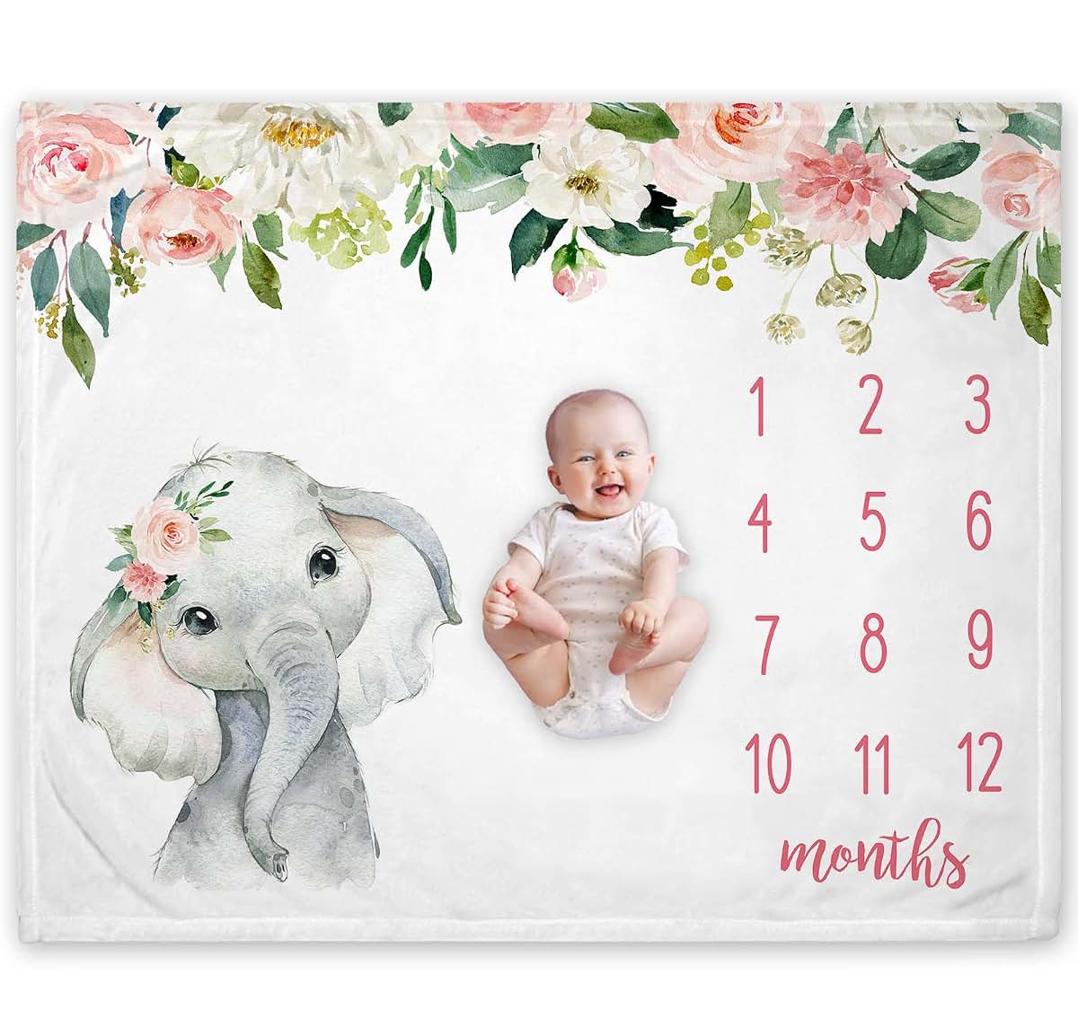 Popfavors Floral Elephant Baby Monthly Milestone Blanket, Soft Fleece Jungle Elephant Girl's Blanket, Newborn Infant