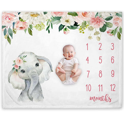 Popfavors Floral Elephant Baby Monthly Milestone Blanket, Soft Fleece Jungle Elephant Girl's Blanket, Newborn Infant