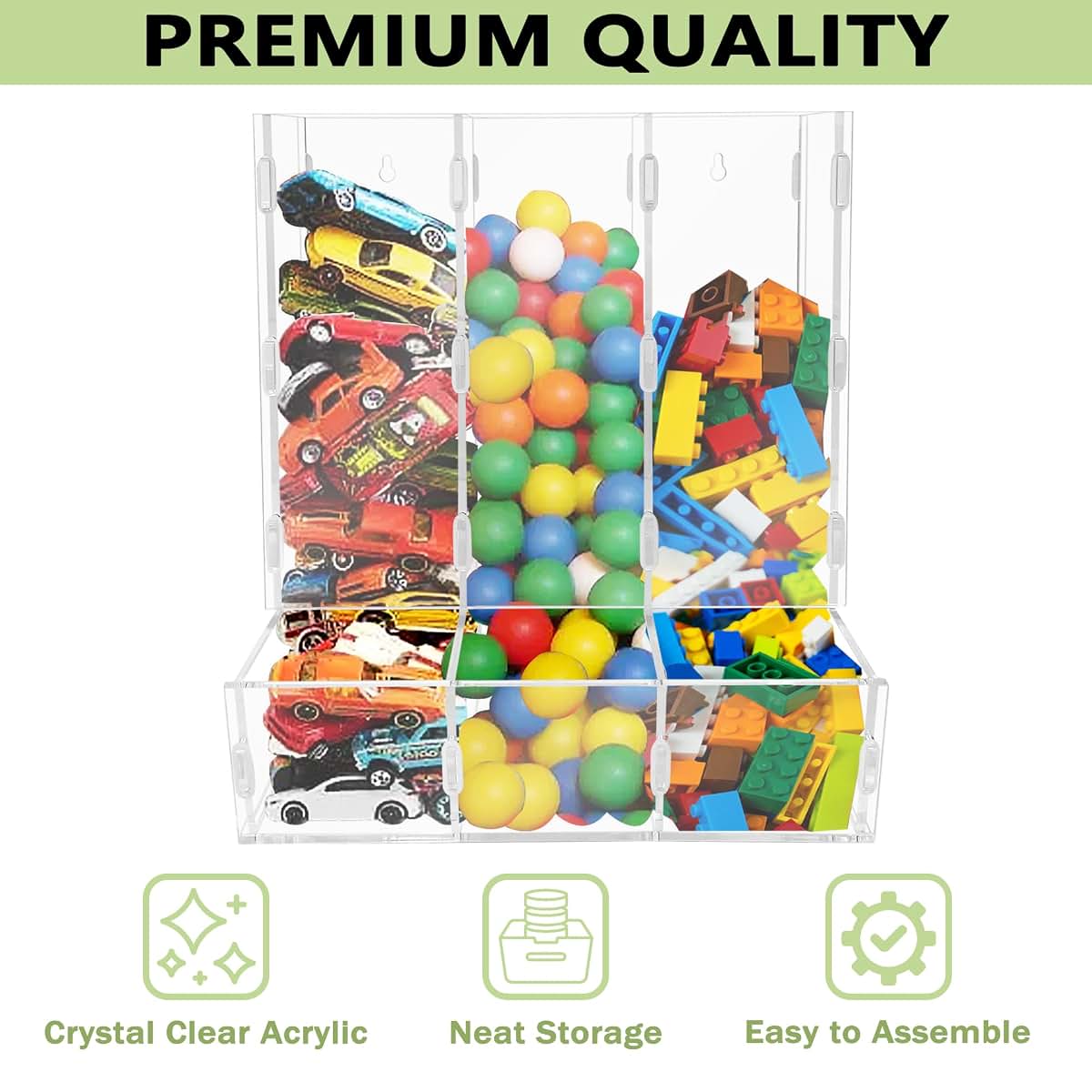 Montex Acrylic Wall Toy Dispenser, Acrylic Wall Storage, (Triple Compartment) Hanging Organizer and Storage Bin for (photo 4)