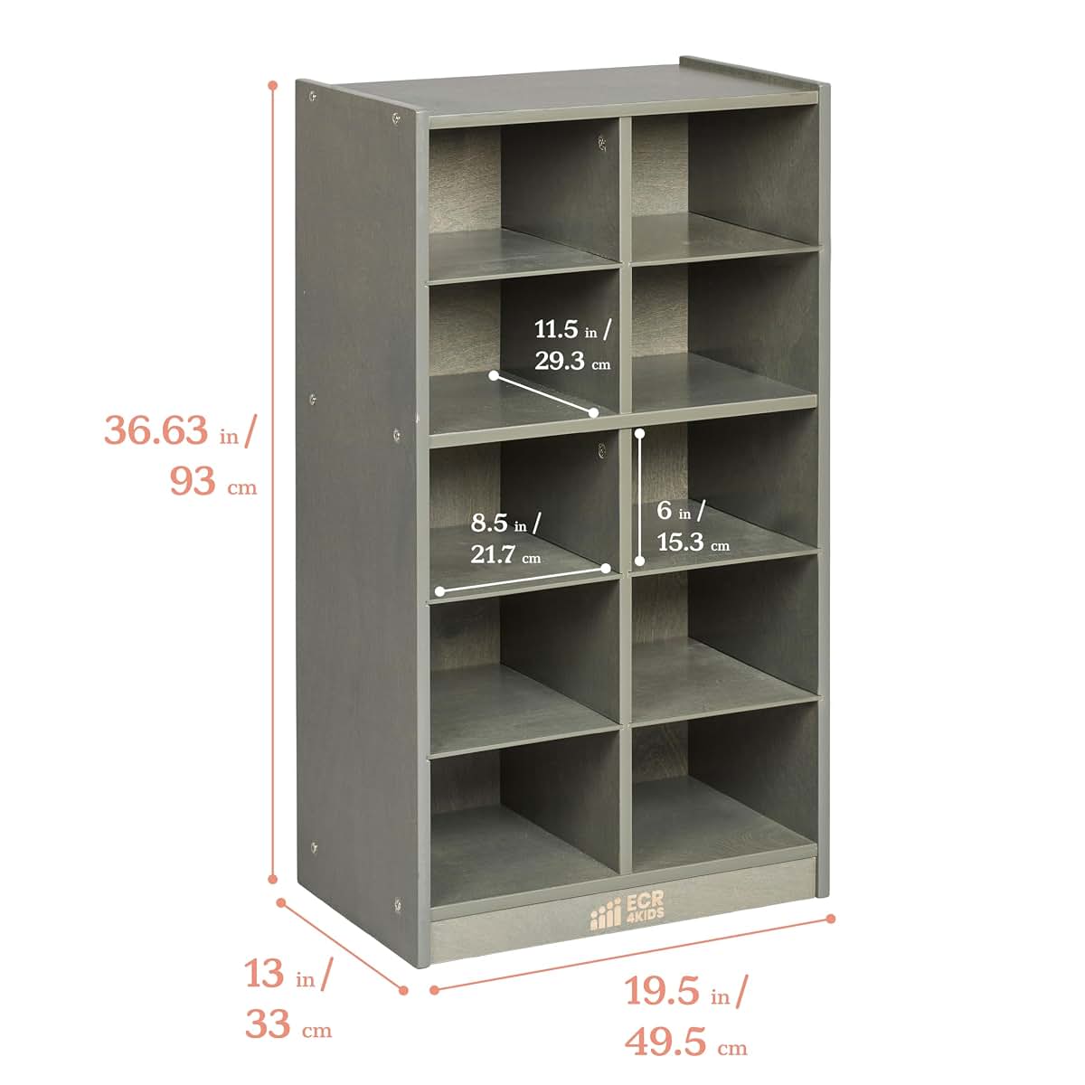 ECR4Kids 10 Cubby Mobile Tray Cabinet with Bins, 5x2, Grey Wash, Assorted (photo 2)