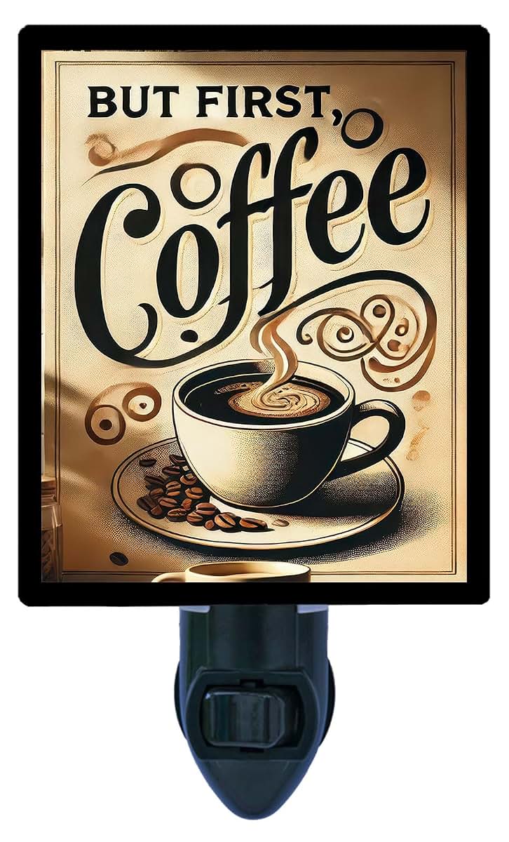 Night Light Designs But First Coffee Night Light – Kitchen Coffee Design, Fully Enclosed, Rotating Plug, Glass Front, 4