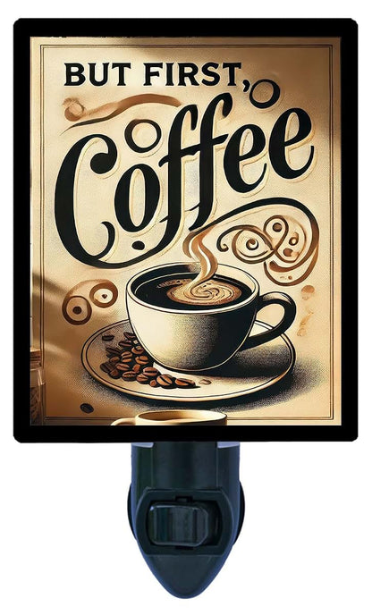 Night Light Designs But First Coffee Night Light – Kitchen Coffee Design, Fully Enclosed, Rotating Plug, Glass Front, 4