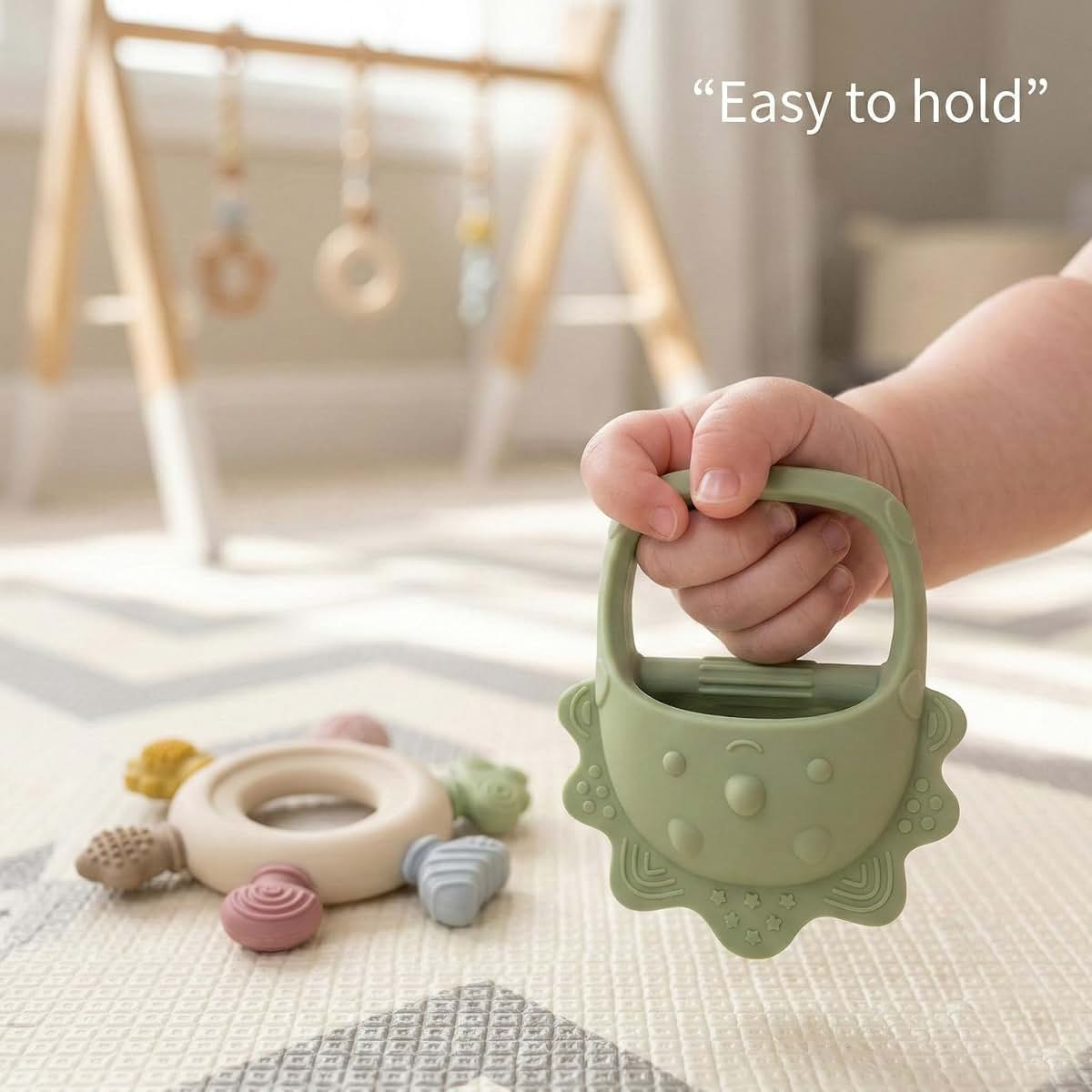 TINBLII Baby Teething Toys 2 Pack, Dinosaur Mitten Teether and Ring Sun Teether with 6 Chewing Points, Silicone Chew (photo 3)