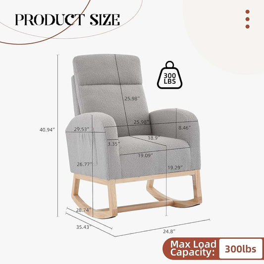OUTGOODS Modern Nursery Rocking Chair, Teddy Upholstered Glider Rocker with High Backrest and Side Pocket