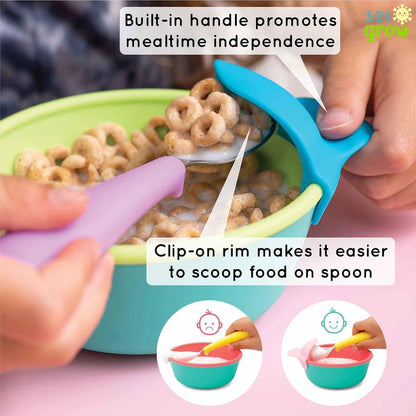 321 Grow Silicone Easy Scoop & Hold Bowl Set – Adaptive Baby & Toddler Feeding Bowls with Clip-On Rim and Handle –