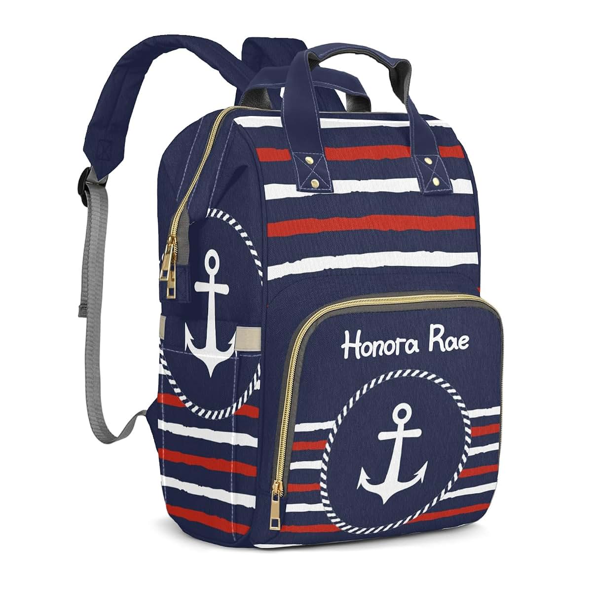Joyestore Personalized Nautical Striped Navy White Anchor Custom Mom Bag with Name,Dad and Mom Diaper Backpack (photo 2)