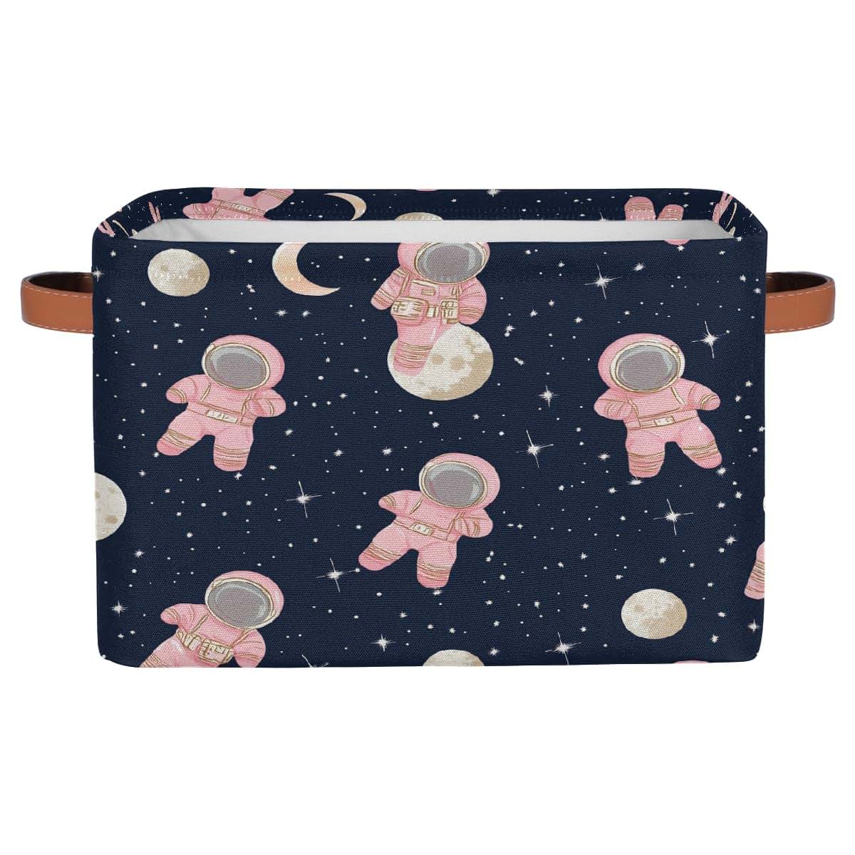 YPPAHHHH Cute Astronauts Pink Storage Basket, 15x11x9.5 Inch Collapsible Canvas Organizer with Handles
