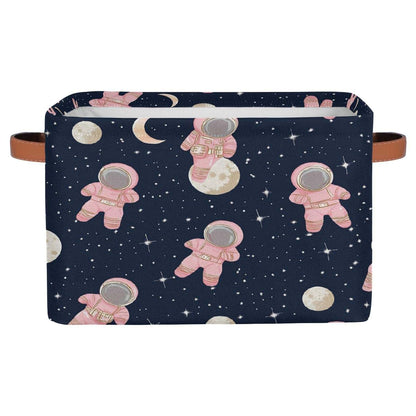 YPPAHHHH Cute Astronauts Pink Storage Basket, 15x11x9.5 Inch Collapsible Canvas Organizer with Handles