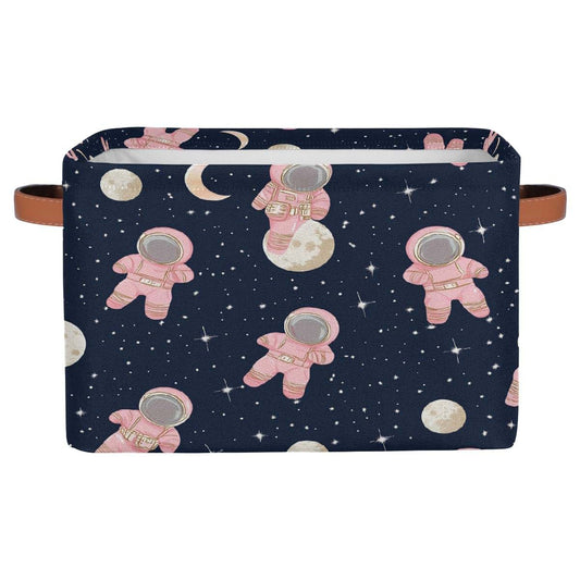 YPPAHHHH Cute Astronauts Pink Storage Basket, 15x11x9.5 Inch Collapsible Canvas Organizer with Handles