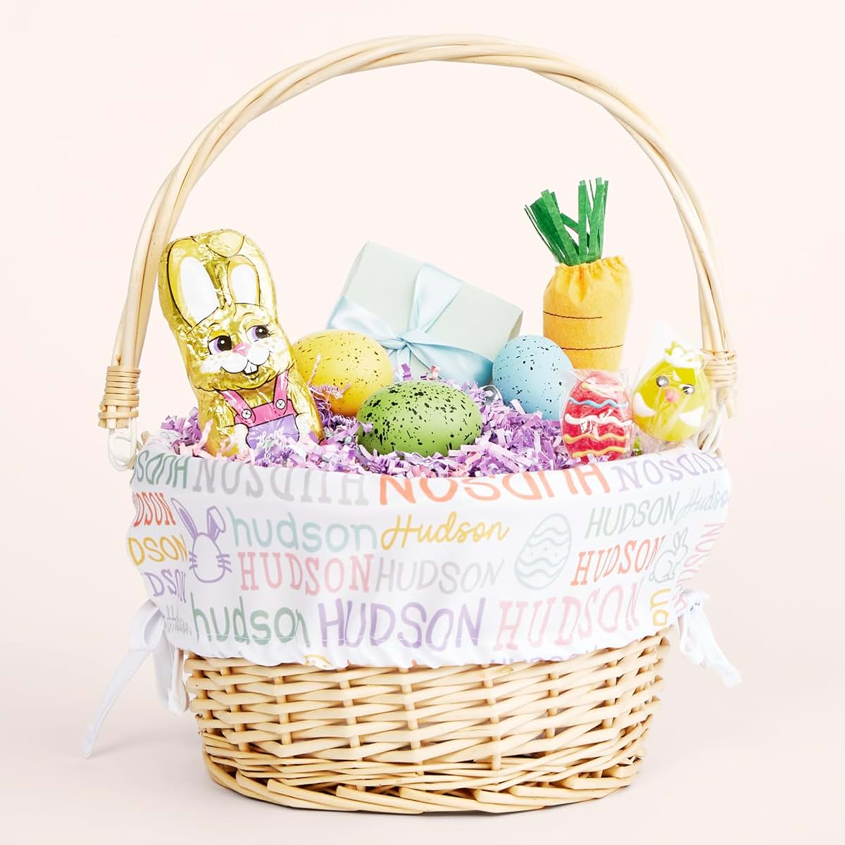 Personalization Universe Easter Repeating Name Personalized White Gift Basket with Drop-Down Handle – Custom White & (photo 3)