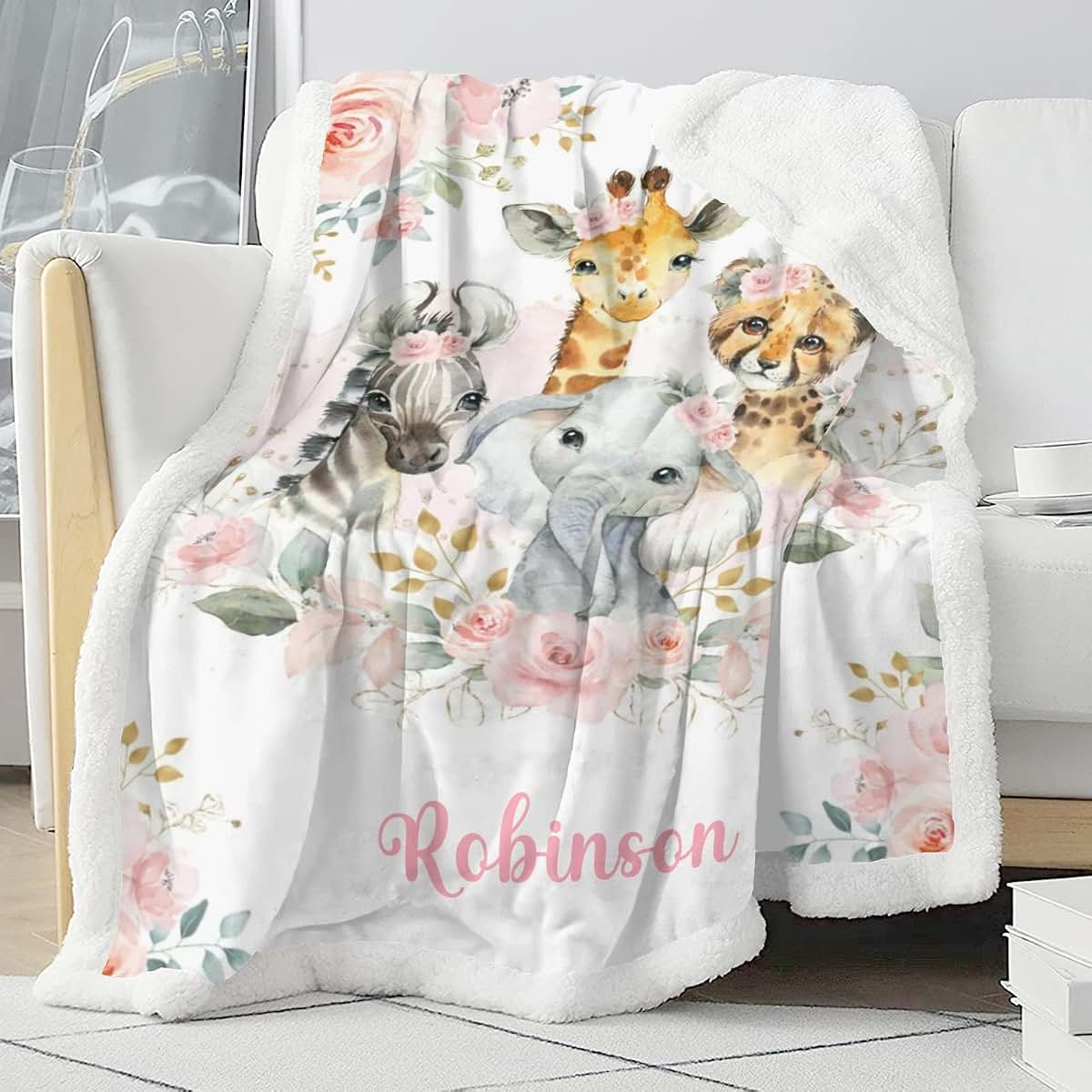 NZOOHY Floral Safari Animals Personalized Sherpa Baby Blankets for Boys Girls,Custom Newborn Naps Name Blanket for (photo 3)
