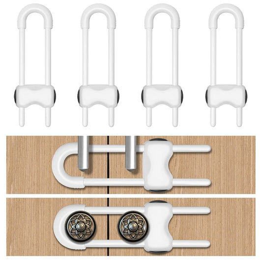 Llooc U-Shaped Sliding Cabinet Locks for Drawers and Cabinets, 4 Pack, White