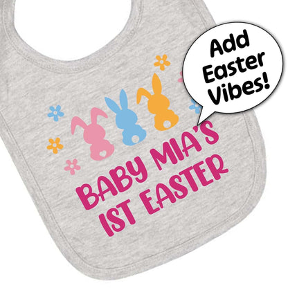Smiling Jindo Personalized Easter Baby Bib with Pastel Bunny Trio (photo 4)