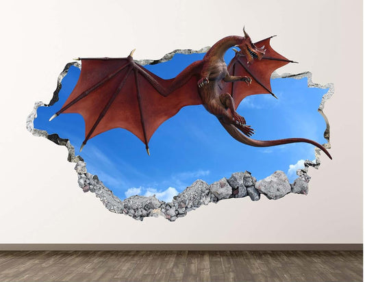 West Mountain Red Dragon Decal Art Decor 3D Smashed Kids Removable Sticker Mural Nursery Boys Gift BL32 (42"W x 24"H)