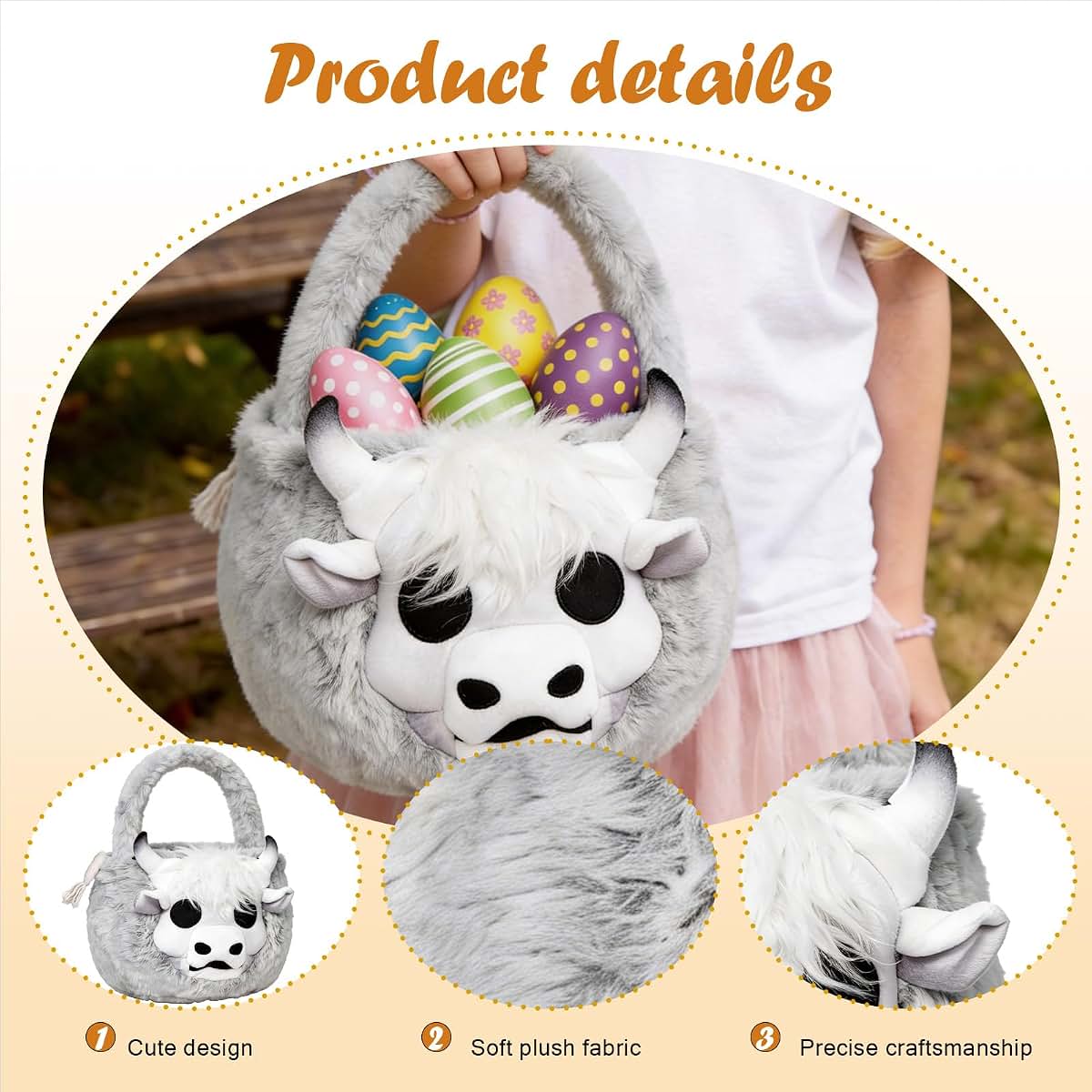 ZRPSIZP Easter Basket, Soft skeleton Cow Plush Baskets, Easter Egg Hunt Buckets, Easter Decorations Indoor Outdoor (photo 3)