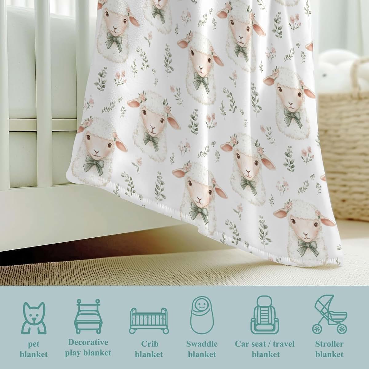 Wicbfdfv Watercolor Lamb Floral Leaves Baby Boy Girl Blankets Cute Sheep Goat Wildflowers Flannel Blanket Farm Animals (photo 4)