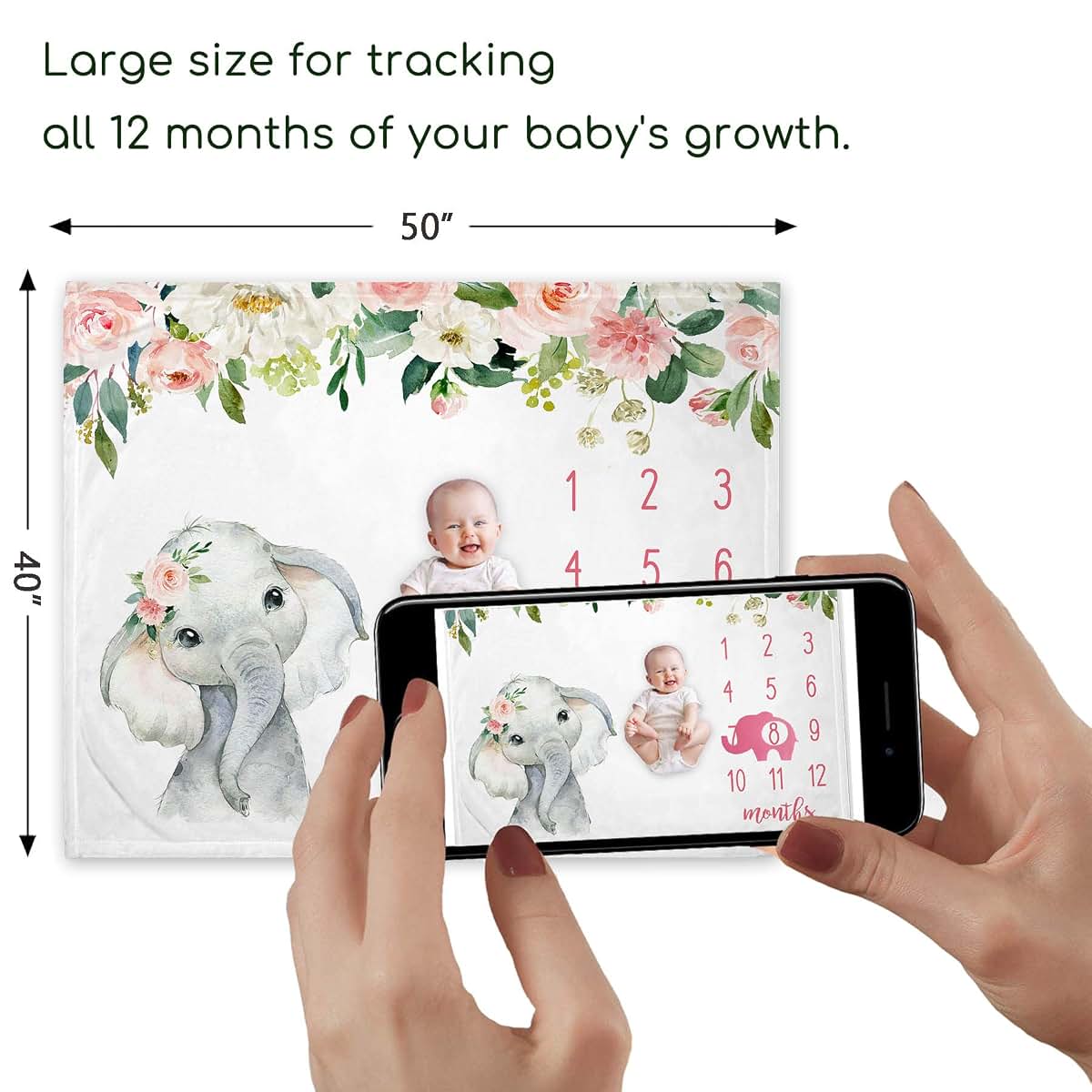 Popfavors Floral Elephant Baby Monthly Milestone Blanket, Soft Fleece Jungle Elephant Girl's Blanket, Newborn Infant