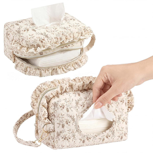 CrystalSylara Double-Layer Quilted Diaper Wipes Bag Holder Cream Flower