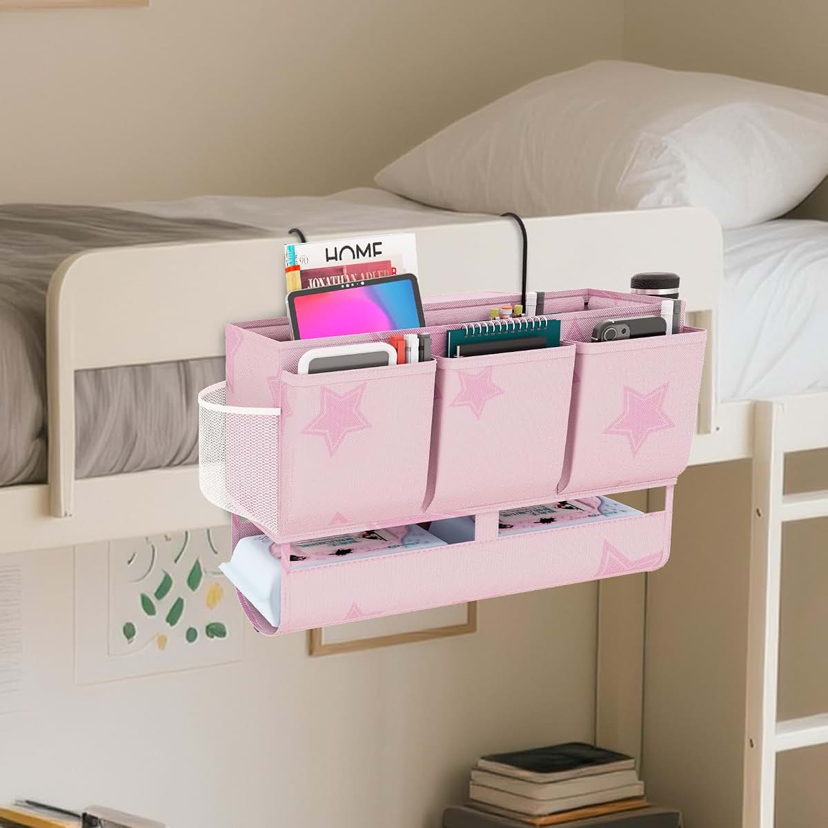 Bedside Organizer Caddy with 7 Pockets for Dorm Rooms and Home Use (Pink)