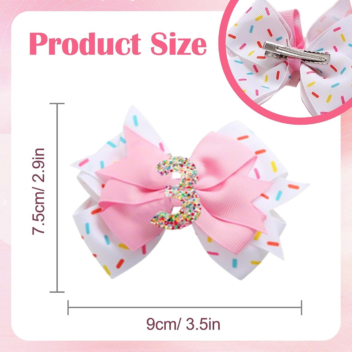 BabyOneStop 2 Pack Birthday Hair Bow for Girls, Pink Glitter Number Hair Clips, 3.5 Inch Party Accessories