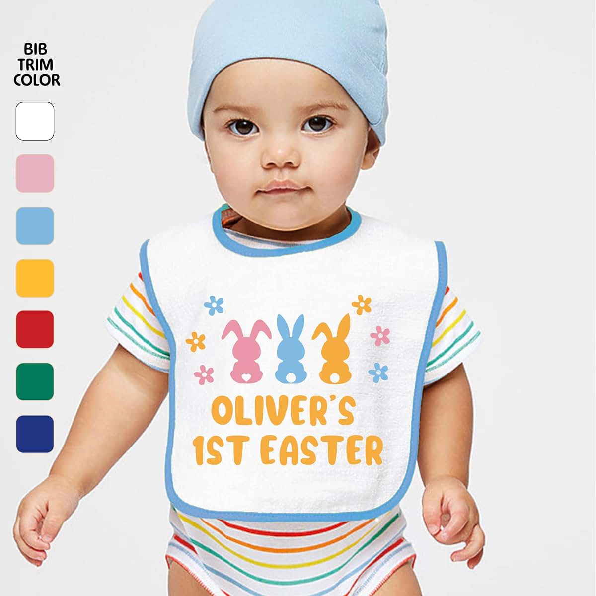 Smiling Jindo Personalized Easter Baby Bib – Pastel Bunny Trio Design with Custom Text – Soft Cotton Terry (photo 2)