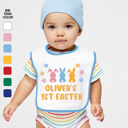 Smiling Jindo Personalized Easter Baby Bib – Pastel Bunny Trio Design with Custom Text – Soft Cotton Terry (photo 2)