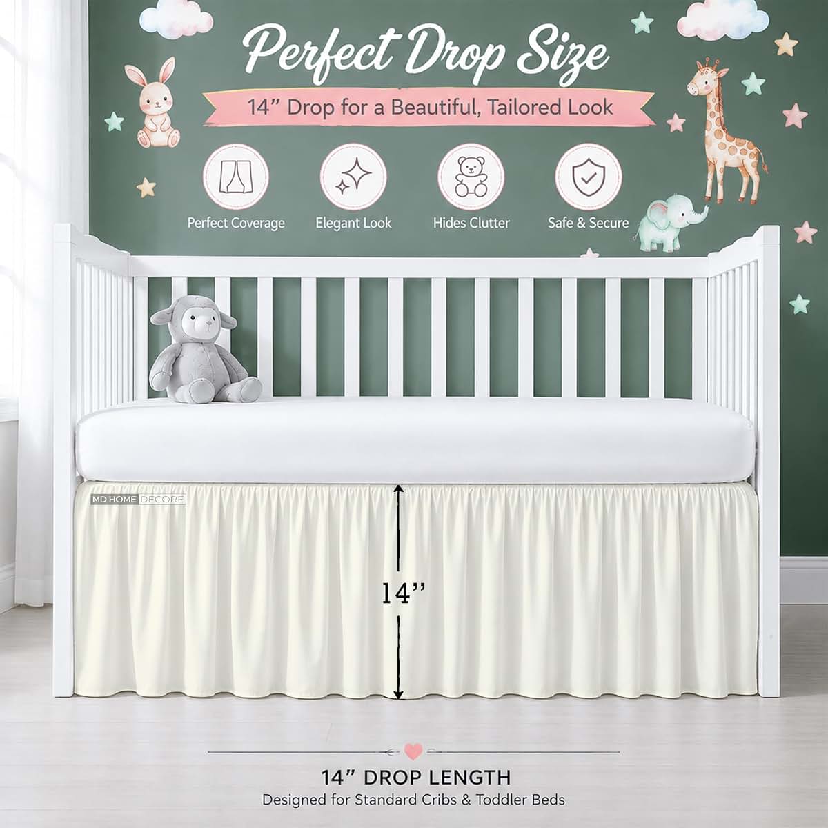 MD Home Decore Crib Bed Skirt Dust Ruffle with Split Corners Cotton, 14" Drop, Ivory (photo 3)