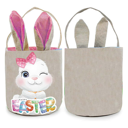 PADELO 1 Pack Easter Basket with Handle, Canvas Easters Egg Hunt Bunny Baskets for Kids, Happy Easter Tote Bucket with