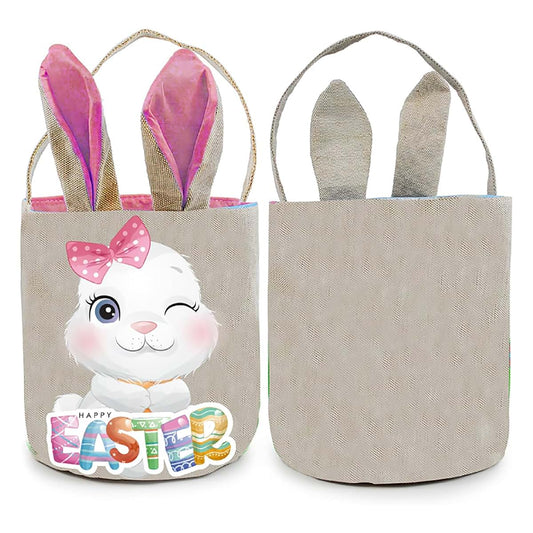 PADELO 1 Pack Easter Basket with Handle, Canvas Easters Egg Hunt Bunny Baskets for Kids, Happy Easter Tote Bucket with