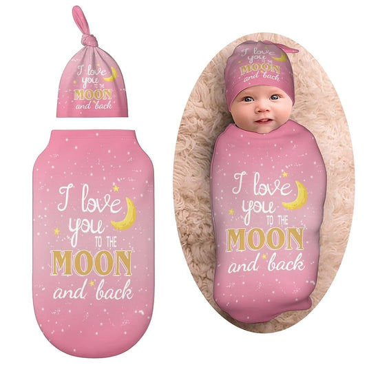 Qiohoey I Love You to The Moon and Back Newborn Baby Swaddle Blanket with Beanie Hat Baby Receiving Blanket Gifts for