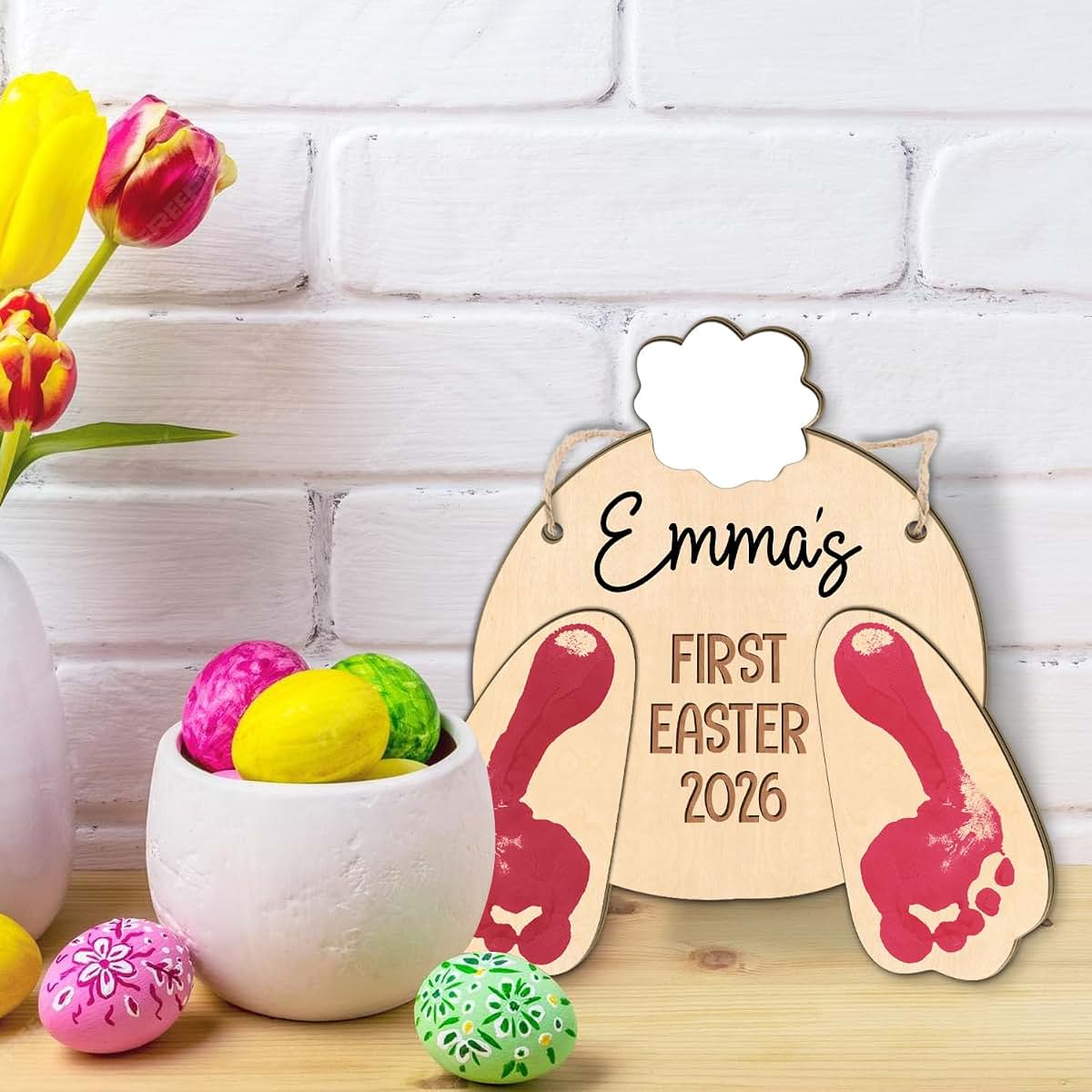 Beethis Baby's First Easter 2026 Bunny Footprint Wooden Keepsake Sign (photo 3)